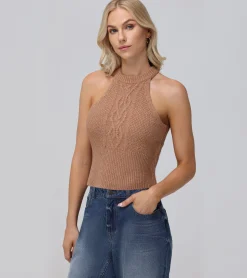Tops^Frye Cable Halter Sweater Brown