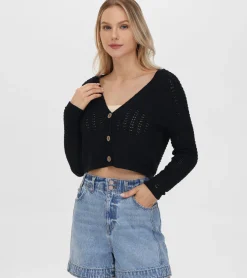 Tops^Frye Cropped Crochet V-Neck Cardigan