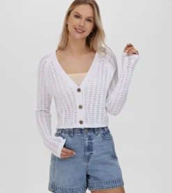 Tops^Frye Cropped Crochet V-Neck Cardigan