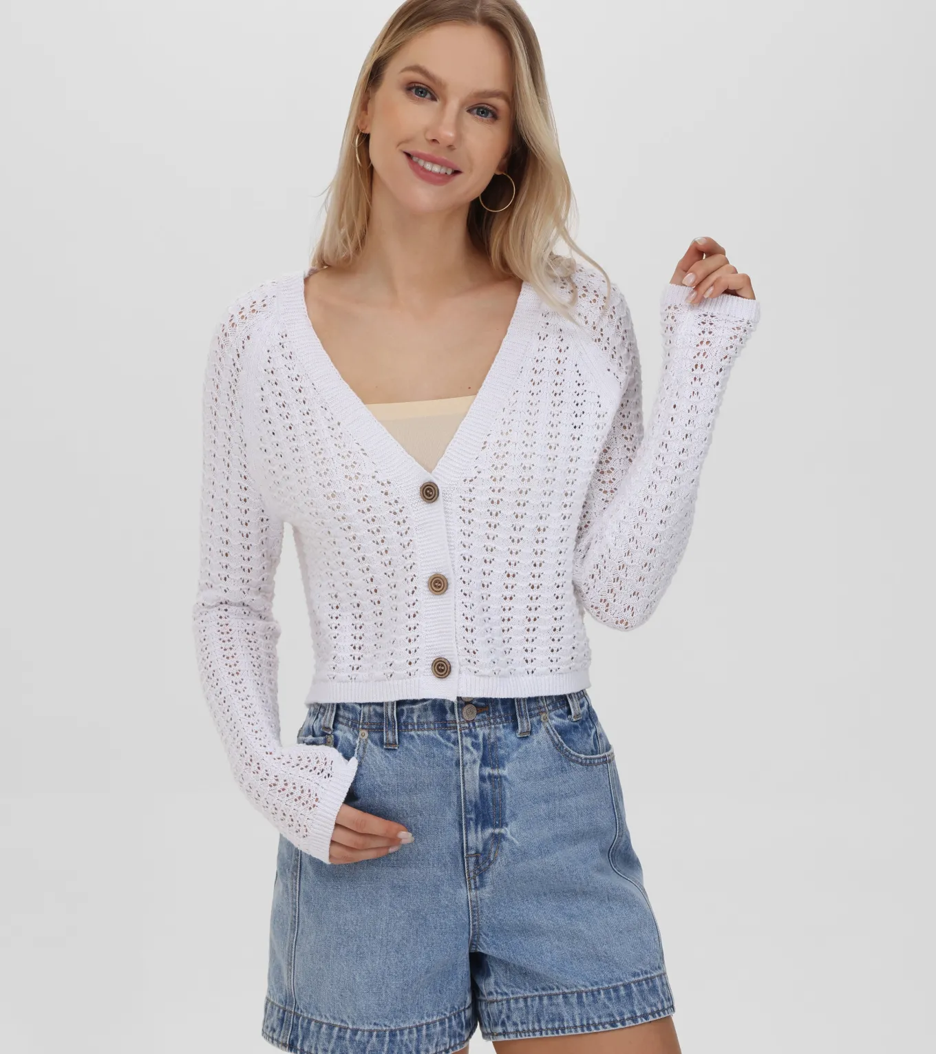 Tops^Frye Cropped Crochet V-Neck Cardigan
