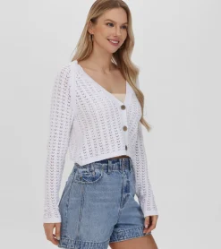 Tops^Frye Cropped Crochet V-Neck Cardigan