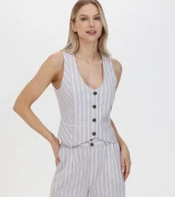 Tops^Frye Linen Striped Button Vest Natural Sand Stripe