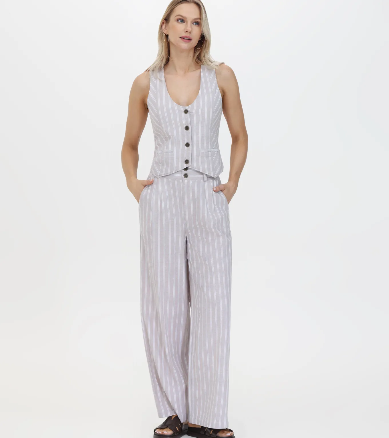 Bottoms^Frye Linen Striped Wide Leg Pant Natural Sand Stripe