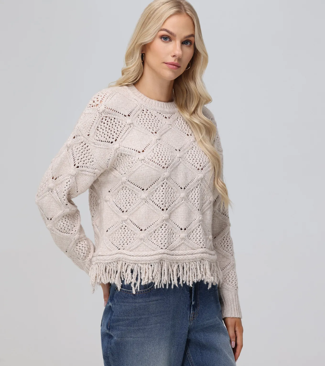 Tops^Frye Pointelle Fringe Pullover Oatmeal Heather