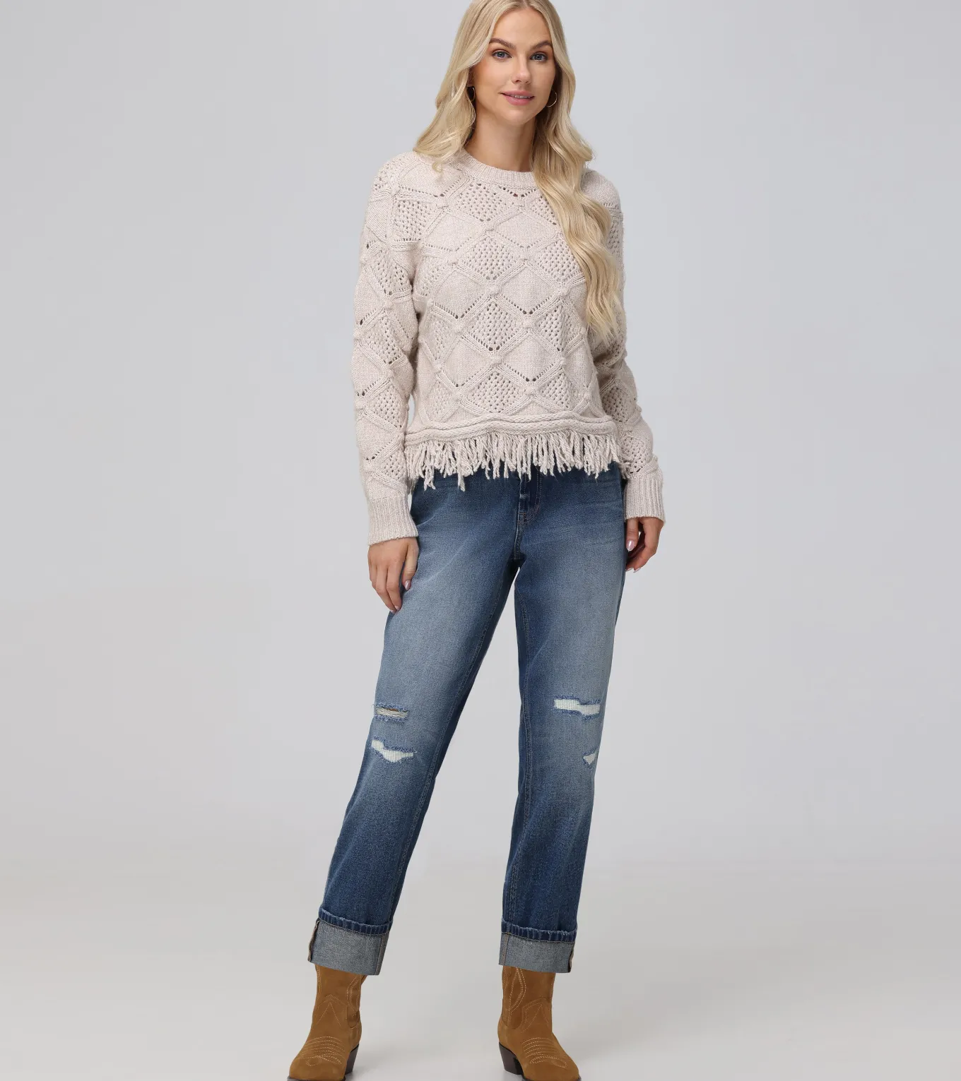 Tops^Frye Pointelle Fringe Pullover Oatmeal Heather