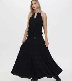 Bottoms^Frye Smocked Tiered Maxi Skirt Black Beauty