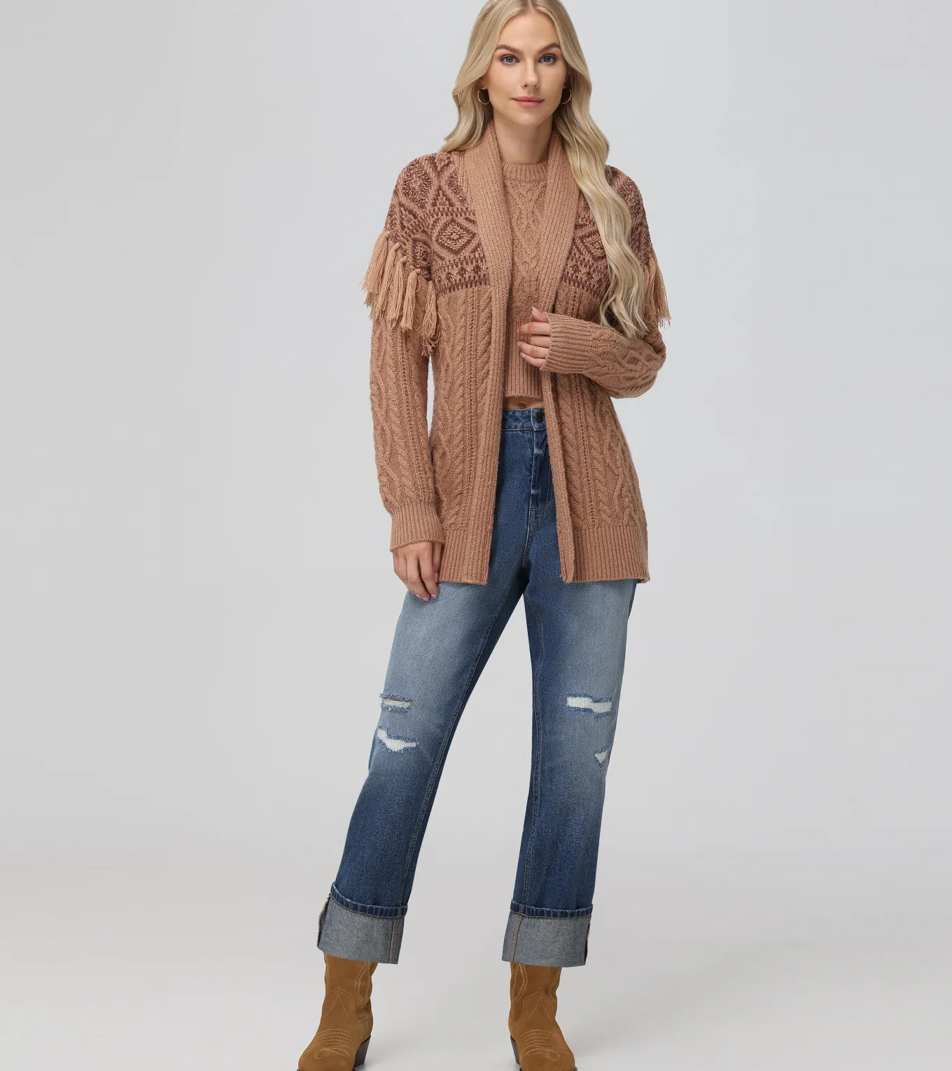 Tops^Frye Southwestern Cable Cardigan Brown