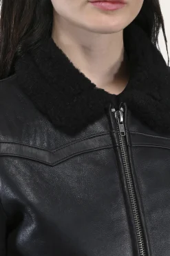 Leather Jackets^Frye Women's Leather Jacket With Sherling Collar And Cuffs Black