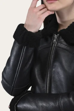 Leather Jackets^Frye Women's Leather Jacket With Sherling Collar And Cuffs Black
