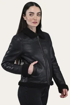 Leather Jackets^Frye Women's Leather Jacket With Sherling Collar And Cuffs Black
